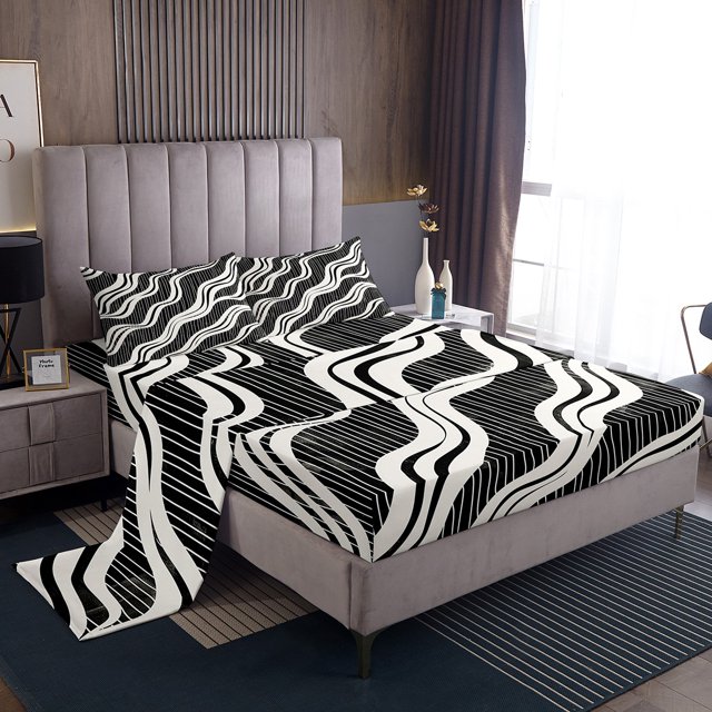 YST Simple Ripple Bed Sheets Set Full Size 4pcs, Waves Geometric Printed Sheet Set For Bedroom, Gradient Stripes Soft Kids Teens Fitted Sheet, Black White Abstract Microfiber Bedding Set
