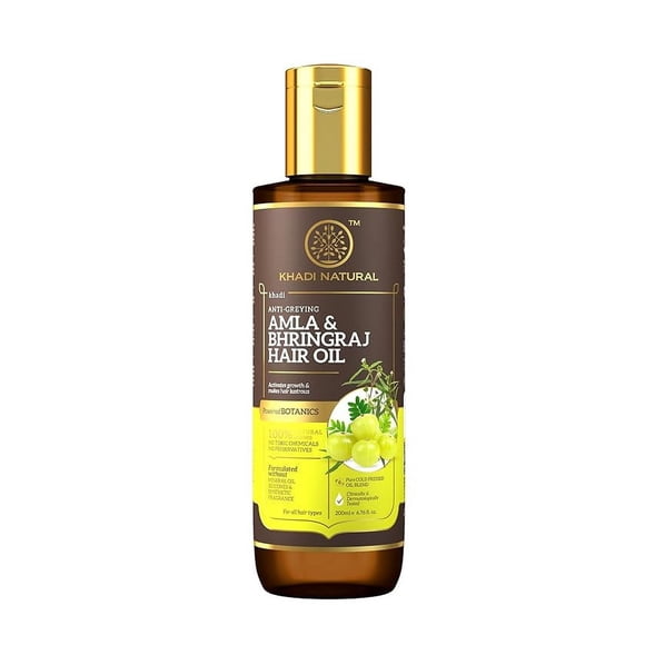 Khadi Natural Huile Capillaire Amla et Bhringraj / Huile à Base de Plantes pour Stimuler la Pousse des Cheveux / Huile Capillaire Non Collante / Sans Silicone Ni Huile Minérale / Convient à Tous les Types de Cheveux / Powered Botanics/200 ml