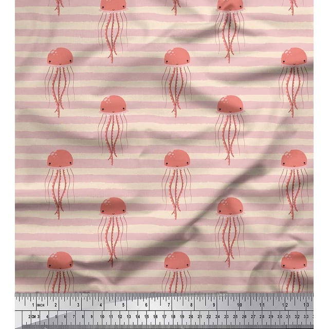 Soimoi White polyester Crepe Fabric Stripe & Jellyfish Ocean Printed Fabric 1 Yard 42 Inch Wide