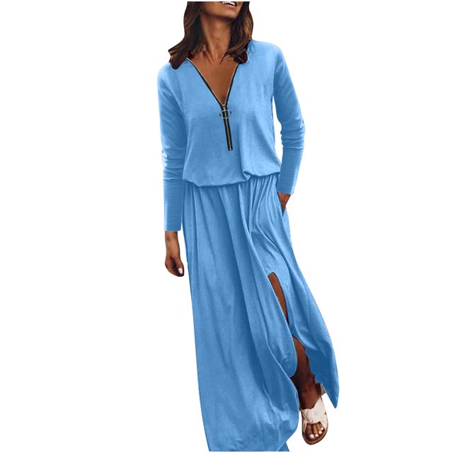 Gspmoly Robes pour Femmes, Robe Décontractée à Taille pour Femmes à Manches Longues avec Fermeture Éclair, Robe à Col en V, Robes Formelles pour Femmes jusqu'à 65 % de Rabais