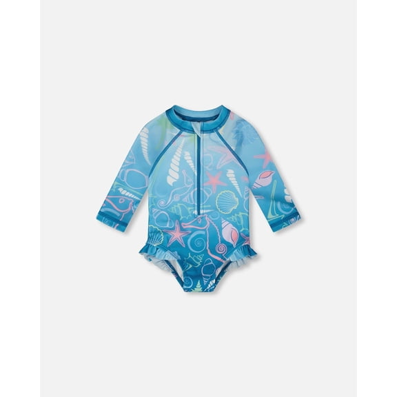 Deux Par Deux Baby And Toddler One-Piece Long Sleeve Rashguard Blue Shell Print