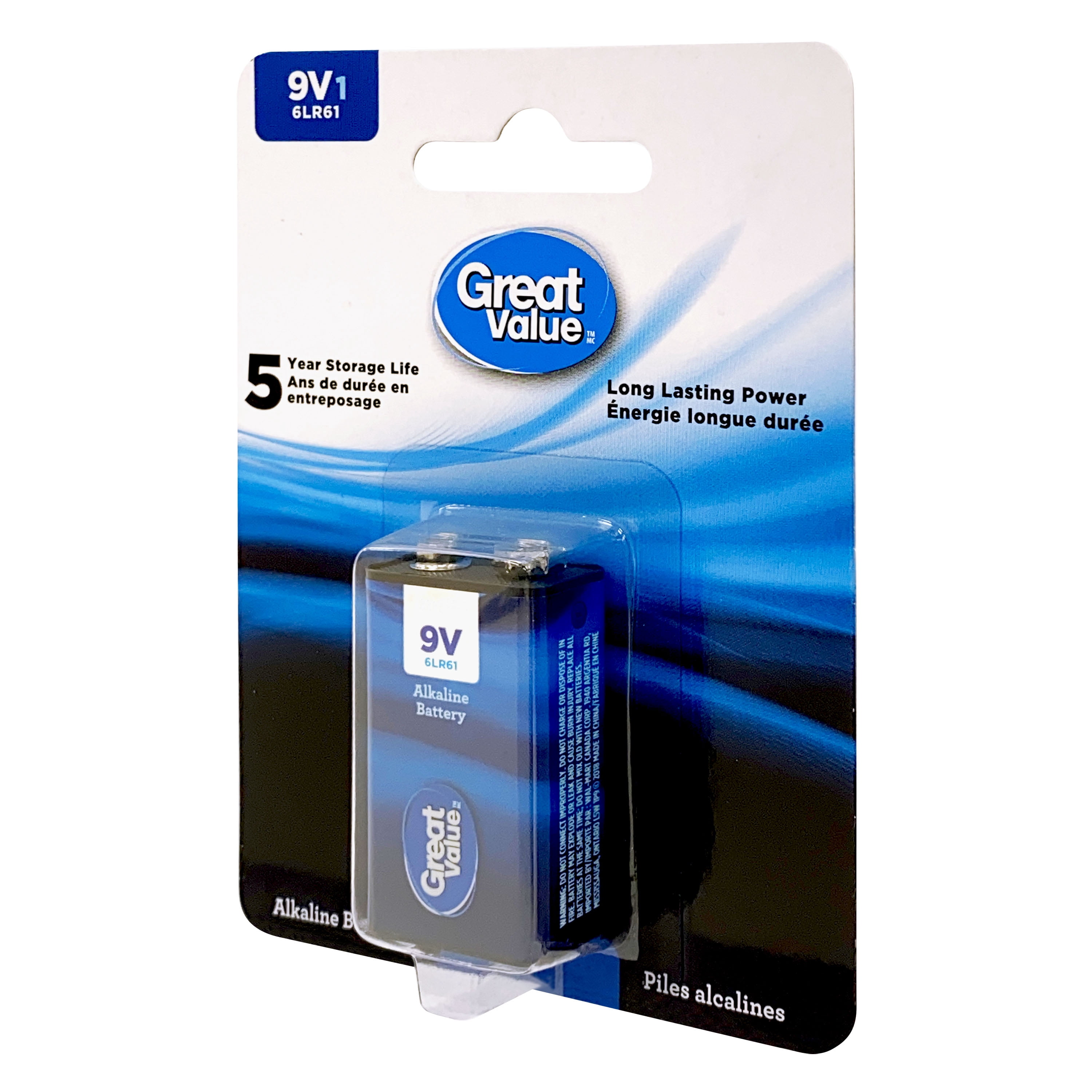 Great Value 9 V 6LR61 Alkaline Battery 1-Pack, 5-year storage life