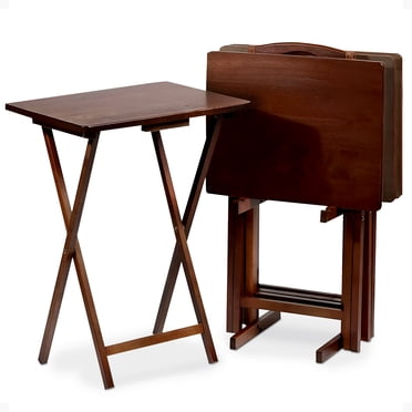 PJ Wood Tables de Télé en Bois Pliantes avec Étagère de Rangement Pliable, Brun Noyer, Ensemble de 5 Pcs