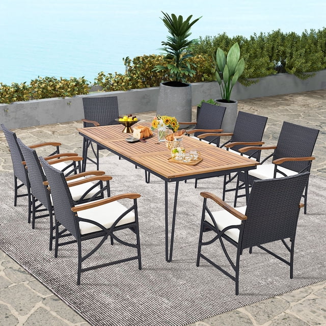Costway 9 PCS Patio Rattan Dining Set with Acacia Wood Table, Cushions, 1.9" Umbrella Hole
