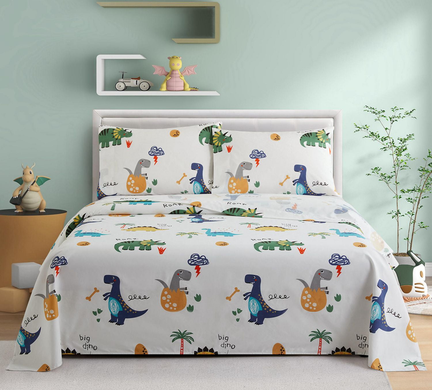 Literie Marina Décoration pour enfants, garçons et tout-petits, imprimée, 600 fils au pouce carré, douce, en mélange de coton percale, toutes saisons, motif dinosaure, zoo, dinosaure