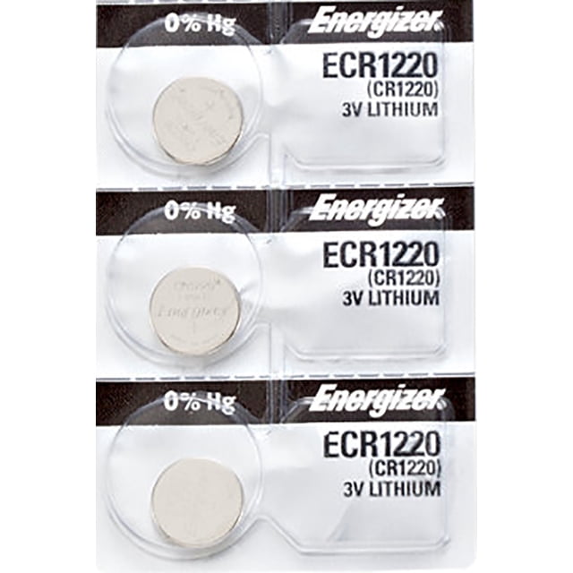 3 x Energizer CR1220 Batteries, Lithium Battery 1220 front-facing view of three silver coin cell 3V batteries in branded pack with Energizer name visible; equivalent to 1220 and BR1220, for watches, key fobs, calculators and keyless remotes, often used for glucose monitors.