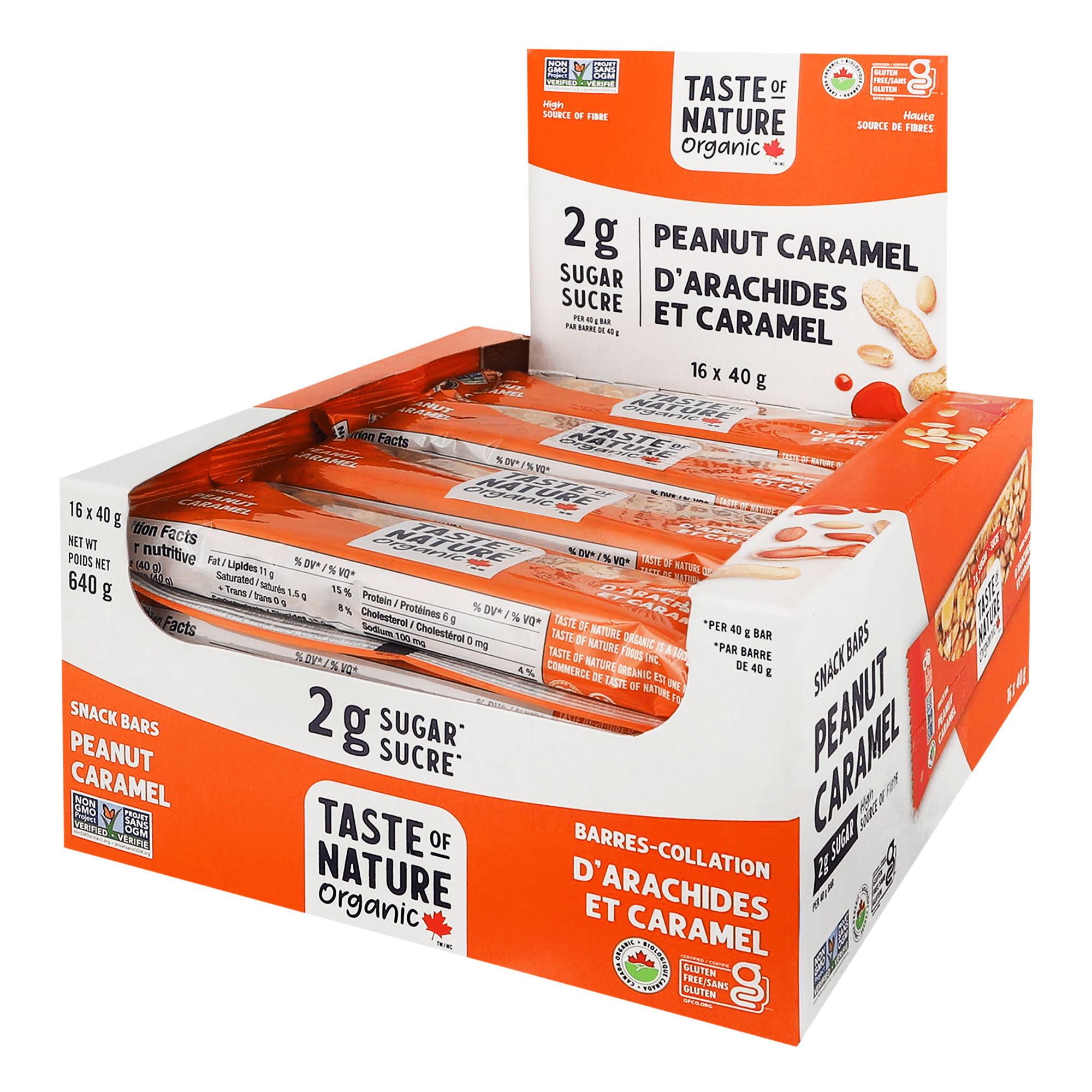 Taste of Nature Organic Peanut Caramel Low Sugar Snack Bars, Gluten Free, Vegan, Healthy Snacks, 16 Count Snack Pack
