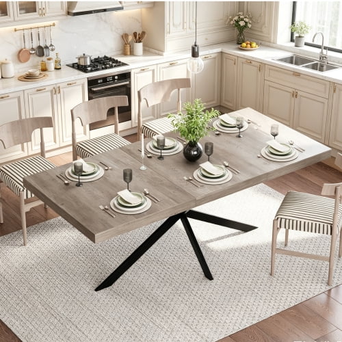 55.11" - 70.86" Retro Rectangular Extendable Dining Table with Hidden Storage, Grey Carole Top With Same Color Embossed Center Plate,for Dining Room, Kitchen & Living Room, Seats 4-6,Gray