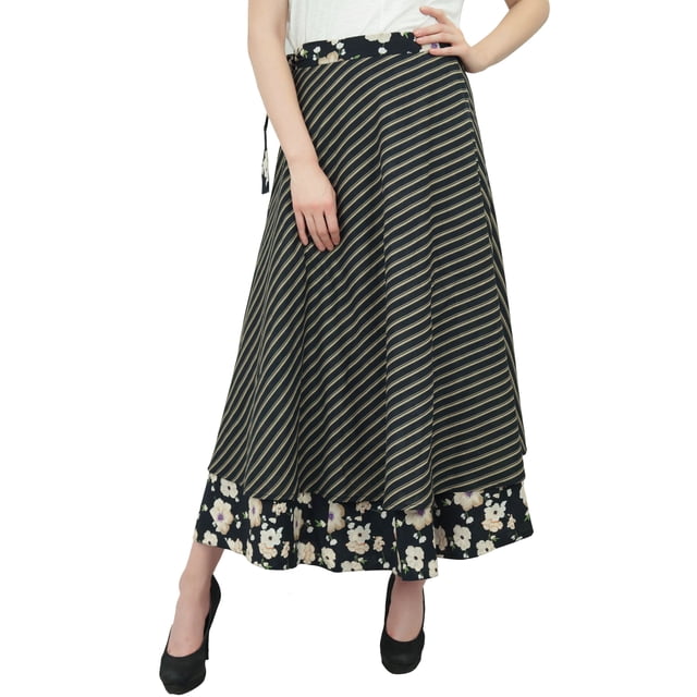 Phagun Jupe Portefeuille Réversible Noire en Coton à Imprimé Floral, Tenue Indienne, Couvre-Maillot