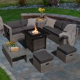 thumbnail image 2 of Patiojoy 9 Pieces Outdoor Patio Furniture Set with 32-Inch Propane Fire Pit Table Outdoor PE Wicker Space-Saving Sectional Sofa Set with Storage Box and Cushions Gray, 2 of 9