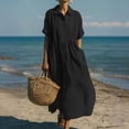 thumbnail image 2 of Kyusrd Robe en Lin pour Femmes à Manches Courtes Robe d'Été Robe Longue de Plage Col Ras du Cou Ample à Demi-Manches Robe Maxi Unie, 2 of 7