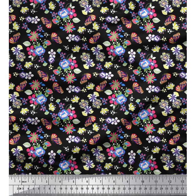Soimoi Black Rayon Fabric Leaves,Insect & Floral Artistic Decor Fabric Printed BTY 42 Inch Wide