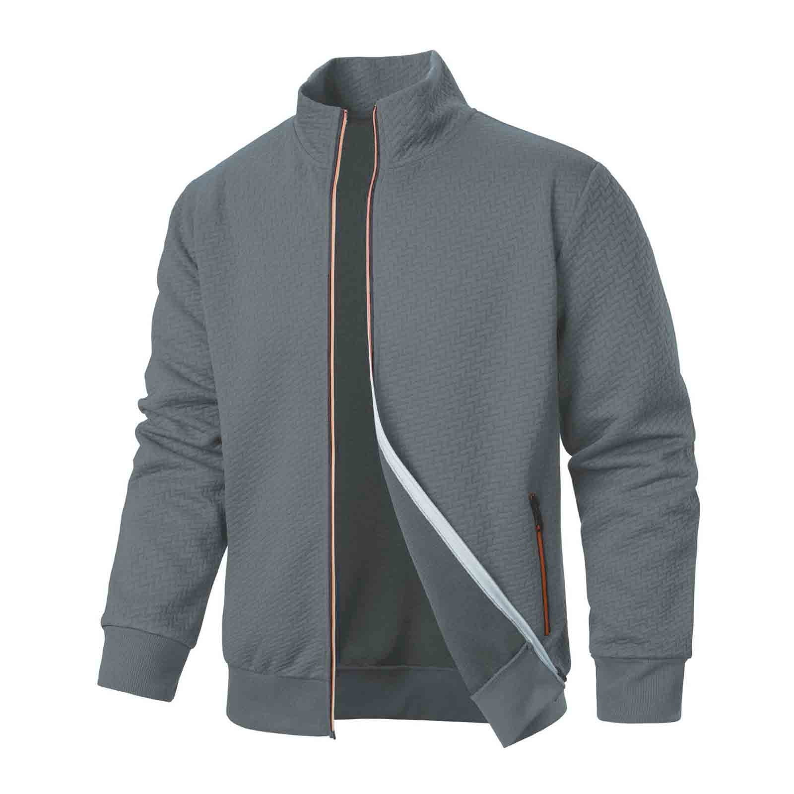 aohooy Mens Lightweight Fall Jacket - Jacquard Bomber Zip Up Stand Collar Textured with Pockets Dark Gray,XL