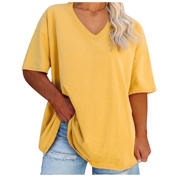 Women's Plus Size V Neck T Shirts Summer Half Sleeve Tees Casual Loose Fit Cotton Tunic Tops