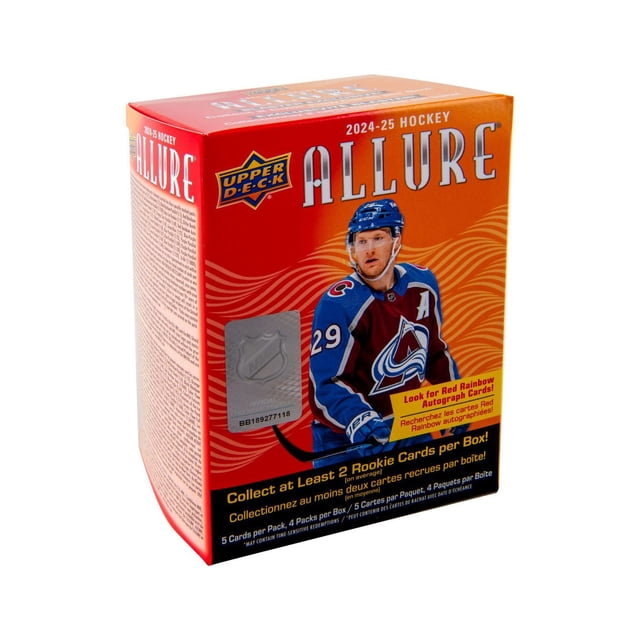 2024-25 Upper Deck Allure Hockey Trading Cards Blaster Box with red and orange gradient packaging featuring a hockey player in a blue and maroon jersey number 29, includes at least 2 rookie cards per box, 5 cards per pack, 4 packs per box, and highlights Red Rainbow autograph cards, ideal for hockey card collectors.