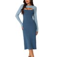 thumbnail image 1 of INSPIRE CHIC Robe Midi en Tricot pour Femme 2023 Automne Hiver à Manches Longues, Découpes, Col Rond, Blocs de Couleur, Ourlet Fendu, Bleu Foncé TG, 1 of 5
