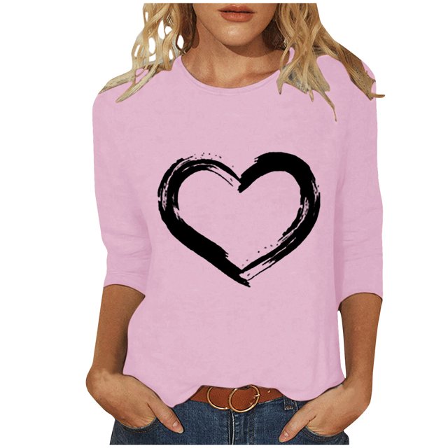 Plebaso Hauts Cœur pour Femmes Manches 3/4 Col Ras du Cou T-Shirts Graphiques Mignons Imprimés Blouses Décontractées pour Femmes