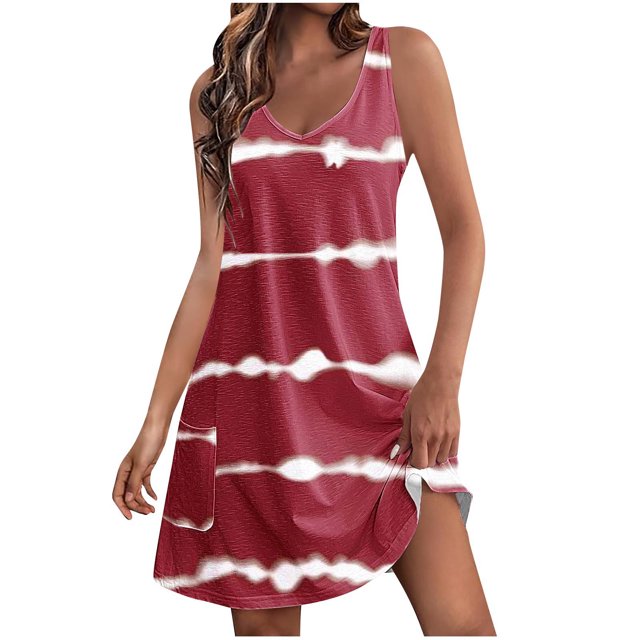 Penkiiy Robe d'Été Décontractée pour Femmes avec Poches Robe de Plage Bohème d'Été Robe T-Shirts Florale Robe Débardeur Ample Col en V m Rouge