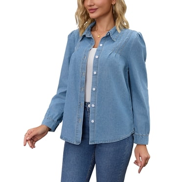 Women Denim Tops Pleated Front Puff Long Sleeve Lightweight Button Down Jean Shirts S Blue