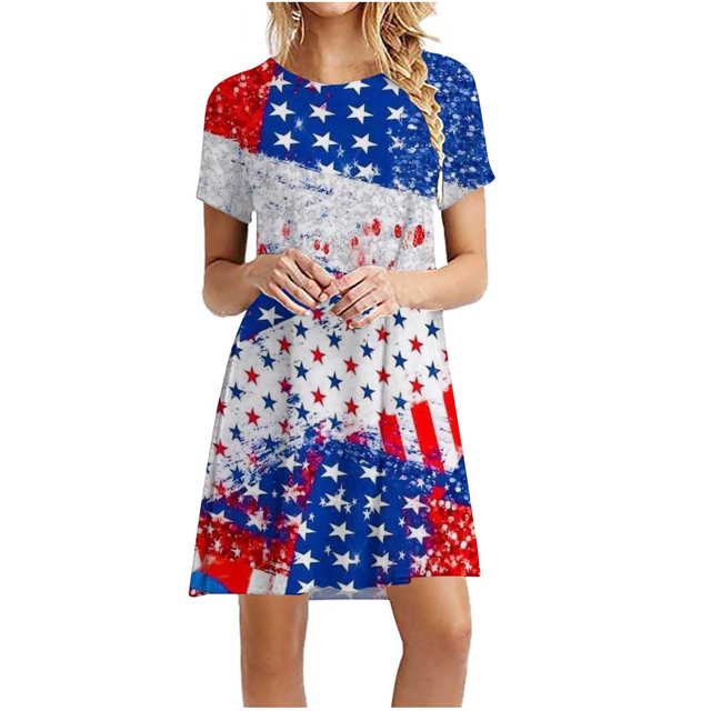 LNGOOR Robes d'Été de Jour de l'Indépendance pour les Femmes à Manches Courtes Étoiles Rayures Imprimées Casual Col Rond une-Ligne Mini Robe