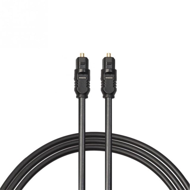 Digital Fiber Optic Optical Audio Cable For Amplifiers DVD Audio Cable 1.5M displayed in a close-up view. The black cable features gold-plated connectors, molded strain reliefs, and precision-polished fiber tips for optimal signal transfer. Ideal for interference-free audio and compatible with CD players, DVD players, and audio processors.