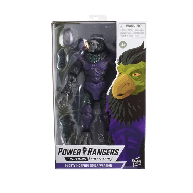 Power Rangers Lightning Collection Mighty Morphin Tenga Warrior Figurine d'Action de Collection de 6 Pouces en Emballage, Présentant un Tenga Warrior Noir et Violet avec des textures Vertes Semblables à des Plumes, Plus de 20 points d'Articulation, Accessoire Oeuf de Tenga, Bras Ailés Alternés et Oeuvre de Personnage sur le devant de la Boîte.