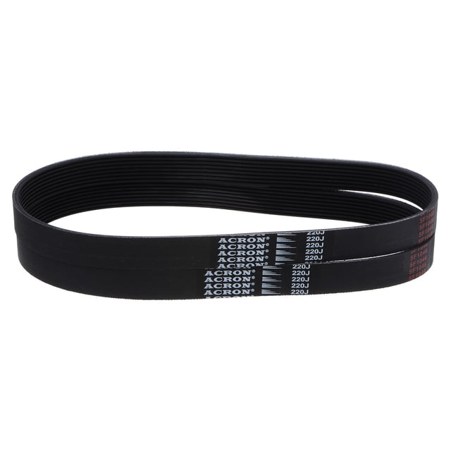Unique Bargains 220J8 PJ V-Ribbed Belt, featuring 8 ribs and dimensions of 22 inches in length and 0.74 inches in width. Made from durable EPDM rubber and fiber, this serpentine belt offers high-temperature, oil, and wear resistance. Designed for industrial transmission applications, it provides excellent traction, speed transfer, and load distribution. Suitable for use in machinery, appliances, and power tools like compressors, pumps, drills, and saws. Pack includes two belts.