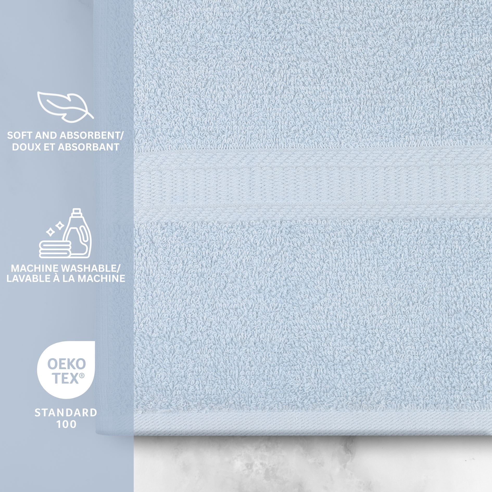 Serviette de bain unie Mainstays Basics, douce et résistante, 100 % coton, bleu clair