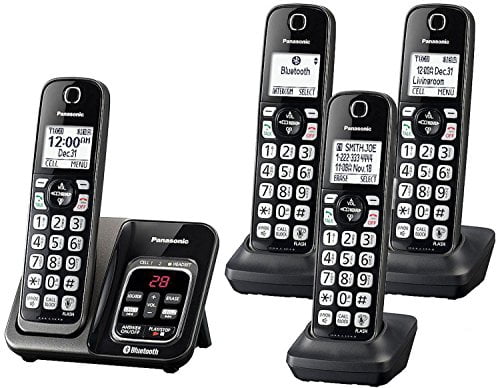 Panasonic KX-TG744 Link2Cell Cordless Bluetooth Landline Phone with Enhanced Noise Reduction and Digital Answering Machine - 4 Handsets, Black
