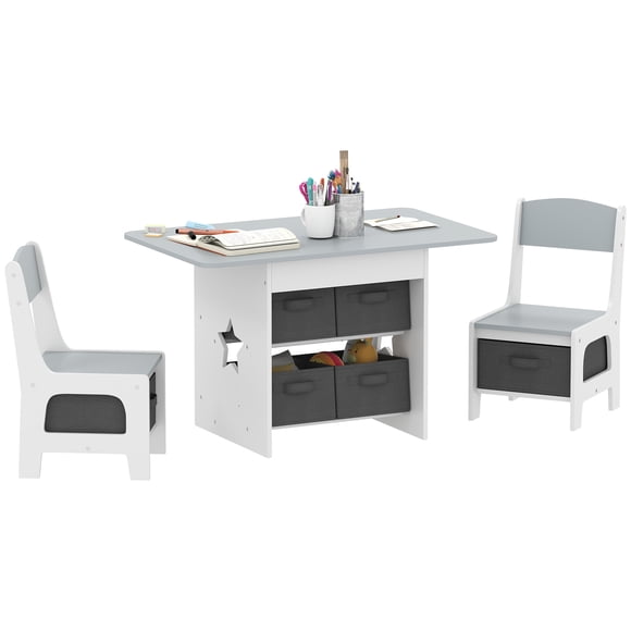 Qaba 3 Piece Kids Table and Chair Set with 6 Removable Drawers, Light Grey
