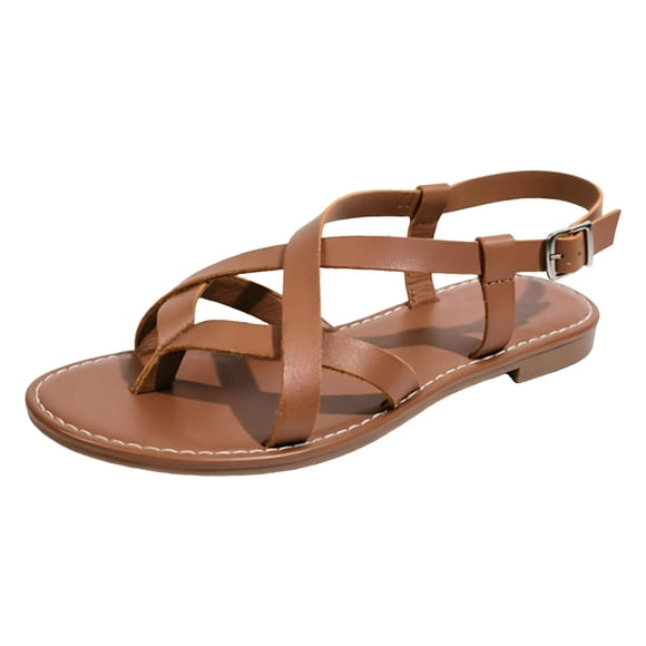 Sandales Plates à Enfiler pour Femme Légères à Bout Ouvert Sandales de Plage à Brides Confortables pour la Plage Usage Quotidien Gougounes Brun Taille 8