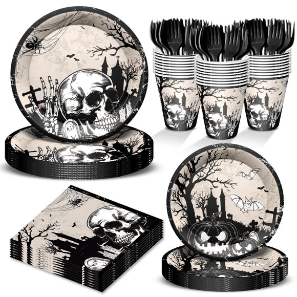 YSTIANN Ensemble de Fournitures de Fête d'Halloween 120 Pcs, Combo Crâne Chauves-Souris Assiettes Serviettes pour 20 Invités, Décorations de Table Effrayantes WJ94-3646