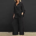 thumbnail image 2 of Women 2 Piece Linen Sets 2025 Button Up Long Sleeve Shirt Drawstring Wide Leg Pants Set Summer Outfits, 2 of 5