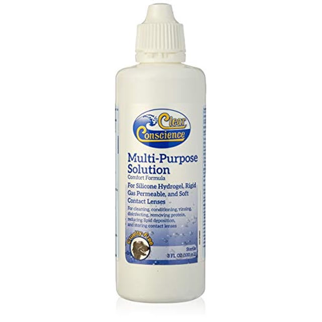 Clear Conscience Solution Polyvalente pour Lentilles de Contact Liquides, Bouteille de 3 Onces Liquides. l'Étiquette Met en Valeur Son Utilisation pour les Lentilles de Contact en silicone hydrogel, Rigides, Perméables aux Gaz et Souples. Elle Présente une Formule Sans Frottage pour Nettoyer, Rincer, Désinfecter et Enlever les Protéines. la Bouteille Comprend un logo Sans Cruauté et une description de Formule Confortable.