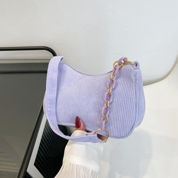 SharkTRUE Beg Tangan, Fesyen, Bahan Korduroi, Rantai Bahu, Beg Baguette, Saiz Kecil, Untuk Wanita