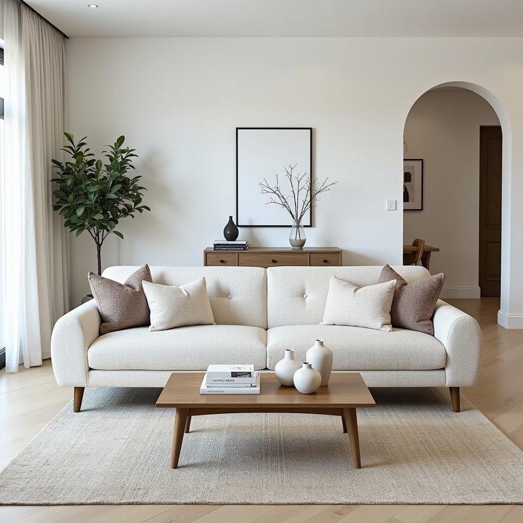 Aykah Woven Fabric Modern Sofa With Tufted Back and Wood Legs (Almond Cream, Sofa)