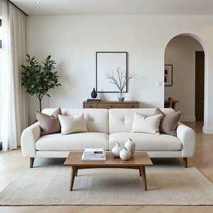 Aykah Tissu tissé Sofa moderne avec le dos tufté et les jambes en bois (crème d'amande, canapé)