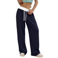 thumbnail image 1 of Women'S Contrast Color Waistband Sweatpants Wide Leg Pants with Drawstring Buckle Navy Blue M, 1 of 8