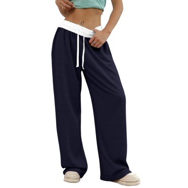 Women'S Contrast Color Waistband Sweatpants Wide Leg Pants with Drawstring Buckle Navy Blue M