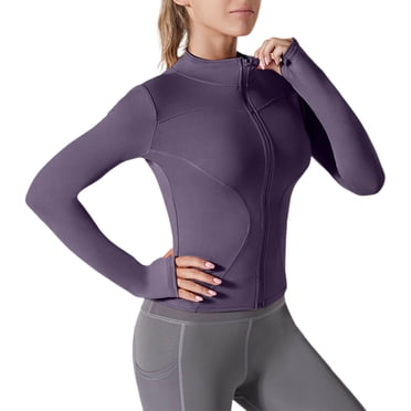 Ohufall Women's Yoga Jackets Fall Sports Long Sleeve Fitted Full Zip Workout Jackets Activewear High Neck Coat Tops Womens Casual Athletic Jackets