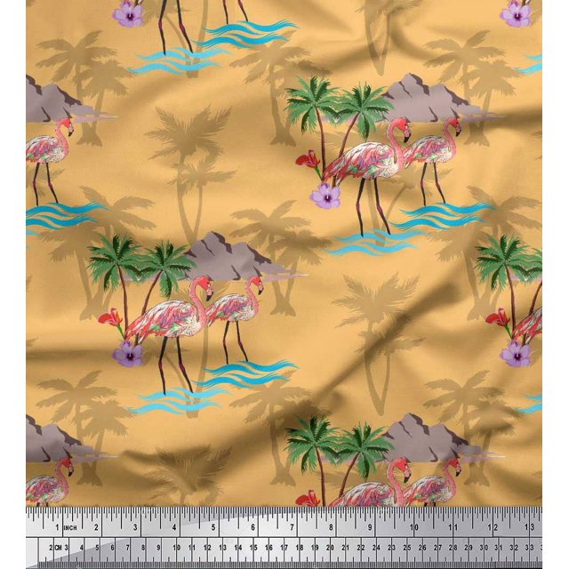Soimoi Orange Rayon Fabric Palm Tree, & Flamingo Bird Printed Craft Fabric by the Yard 42 Inch Wide