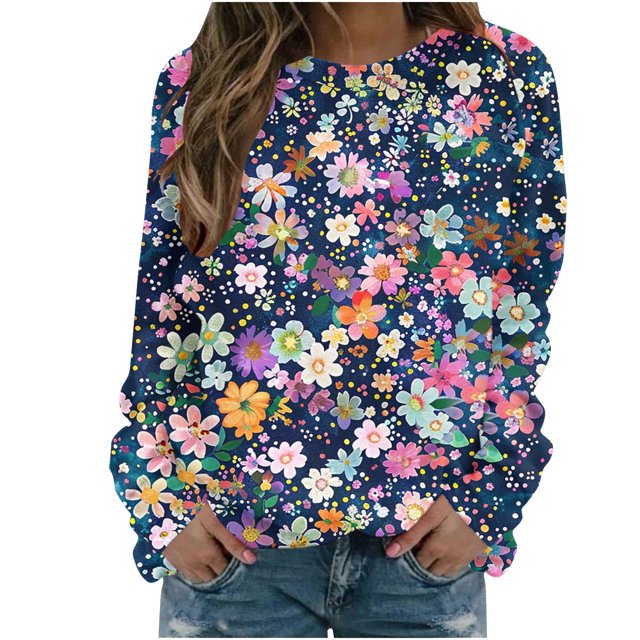 KIHOUT Chandails Molletonnés pour Femmes en Liquidation, Hauts Blouse à Manches Longues d'Automne et d'Hiver à Col Rond à Imprimé Floral, Coupe Ample, Taille P-2TG