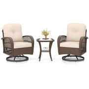 Gymax Set Of 3 Patio Swivel Rocker Set Gliding Bistro Furniture Set w/ Tempered Glass Table Beige