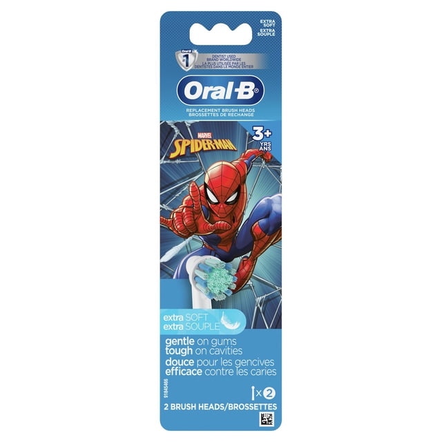 Oral-B Kids Extra Soft Replacement Brush Heads featuring Marvel's Spiderman, including two extra soft brush heads for children aged 3 and up, gentle on gums and tough on cavities, compatible with Oral-B Kids rechargeable toothbrushes and designed to work with the Disney Magic Timer App.