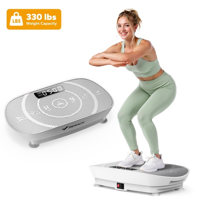 MERACH Compact Vibration Plate Exercise Machine, a grey mini whole-body vibrating muscle toner with remote control. Designed for vibration therapy, it features an anti-slip surface, LCD display, and supports up to 330 lbs. A person demonstrates squats on the vibration plate, showcasing its fitness accessory use.