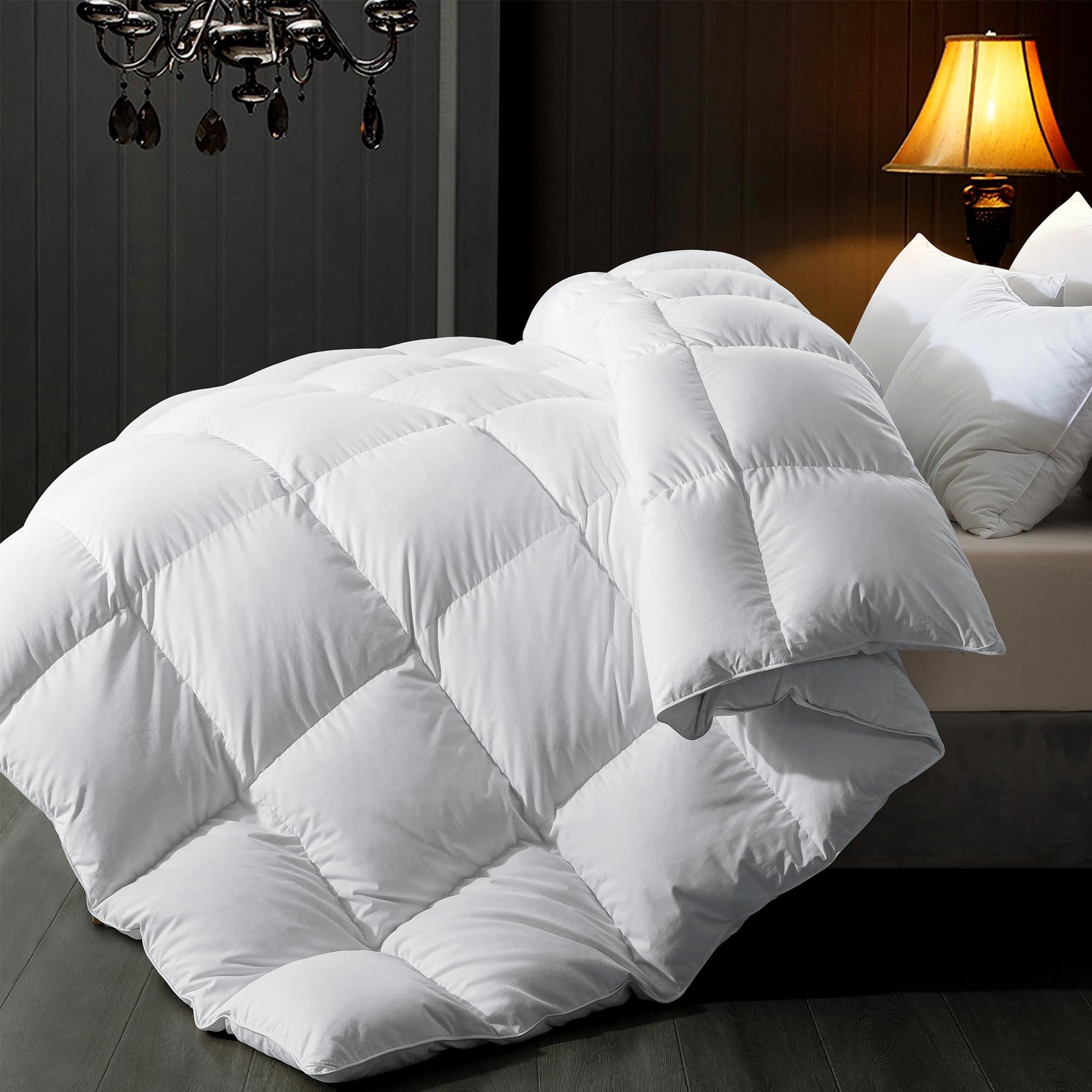 ELNIDO QUEEN&reg; Feather Comforter Queen Size, Filled with Feather and Downfiber, All Season White Luxury Hotel Fluffy Bed Comforter, Ultra Soft Cotton Duvet Insert, 90x90