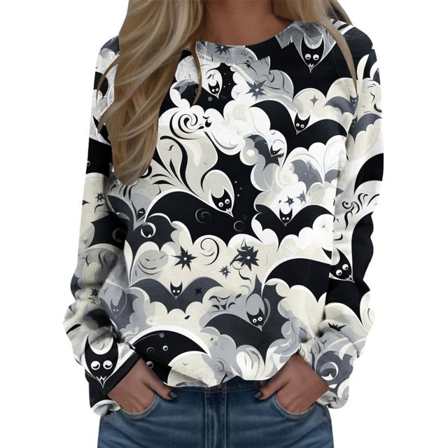 Pull pour Femmes Imprimé Col Rond Sweat-Shirt Ajusté Pull Décontracté Manches Longues Chemises d'Entraînement Blouse Ample