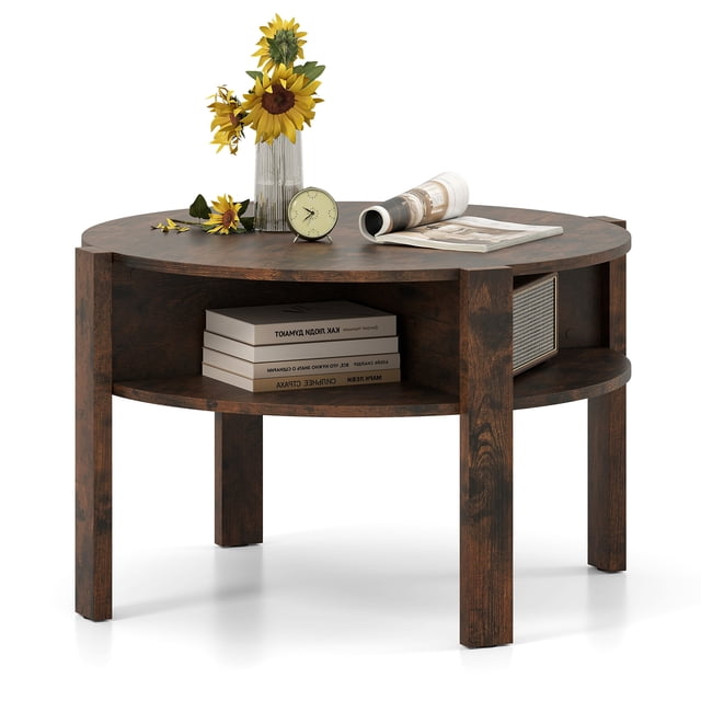Gymax 29.5'' 2-Tier Round Coffee Table w/ Storage 4 Shelves Faux Wooden Top
