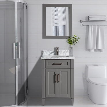 Vanity Art 24 in. W Single Sink Modern Bathroom Vanity with Carrara Marble Stone Top and Free Mirror
