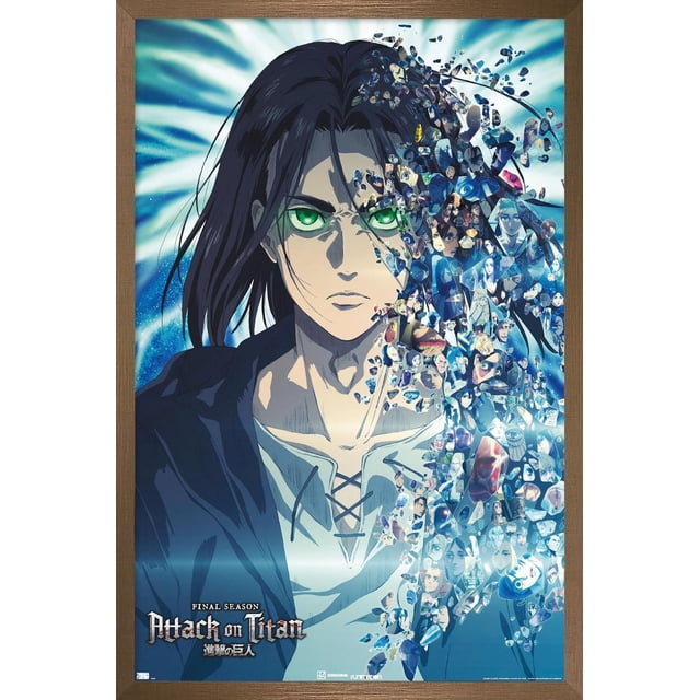 Attack on Titan : la Saison Finale - Affiche Murale de Fragments Représentant un Personnage d'Anime Centré aux Longs Cheveux Foncés et une Chemise Blanche en Dentelle, Se Dissolvant en Fragments Bleus et Multicolores Contenant des images de Personnages Plus Petites, sur un Fond Bleu et Blanc Radieux, Convient pour Décorer des Chambres, des Bureaux Ou des Dortoirs.